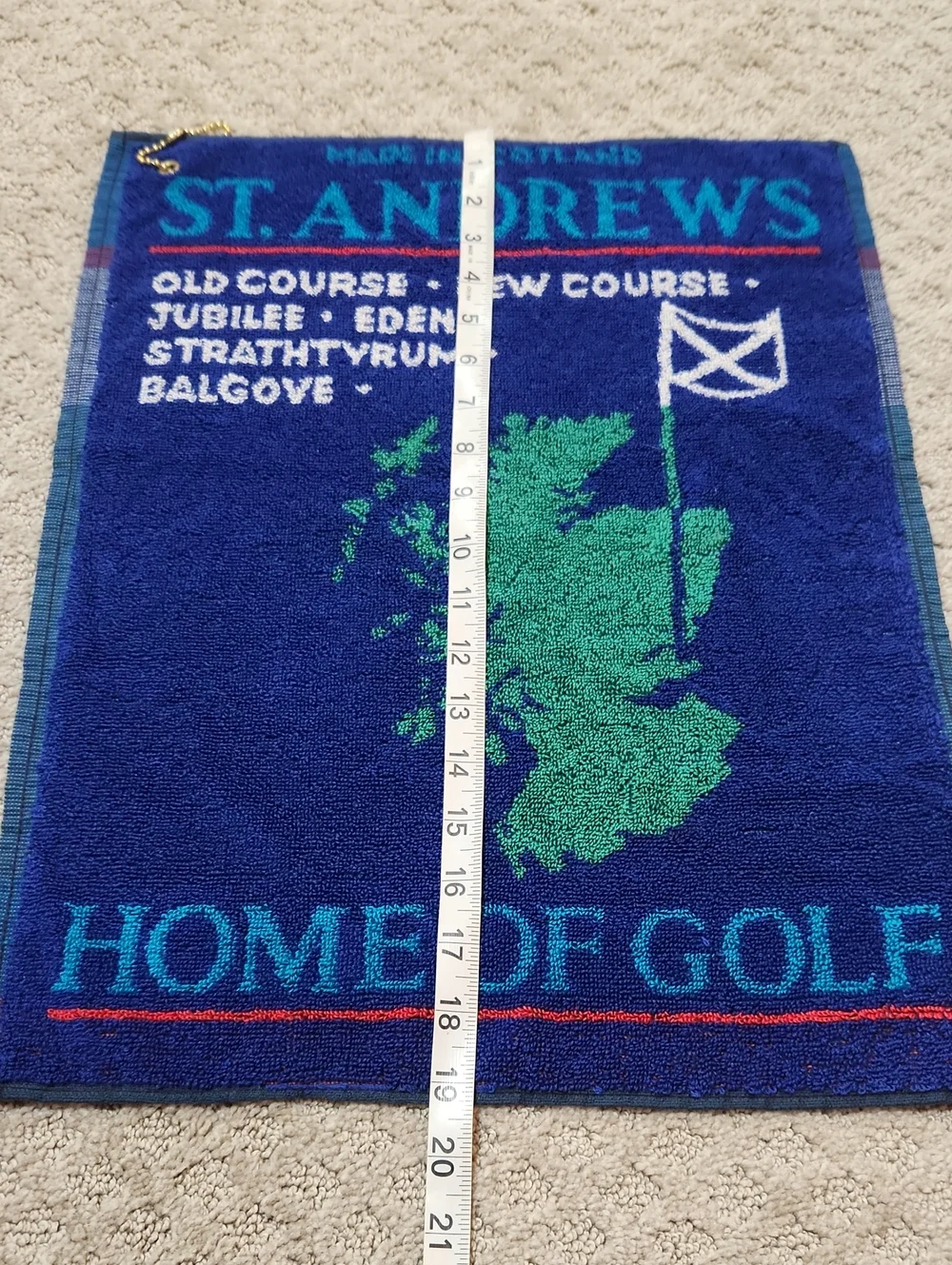 St. Andrews Golf Towel Home of Golf Blue & Green Made In Scotland